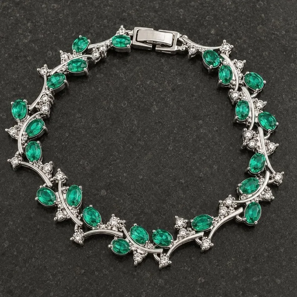 Leaves on a Vine Tennis Bracelet, Emerald Green Stones + Extender